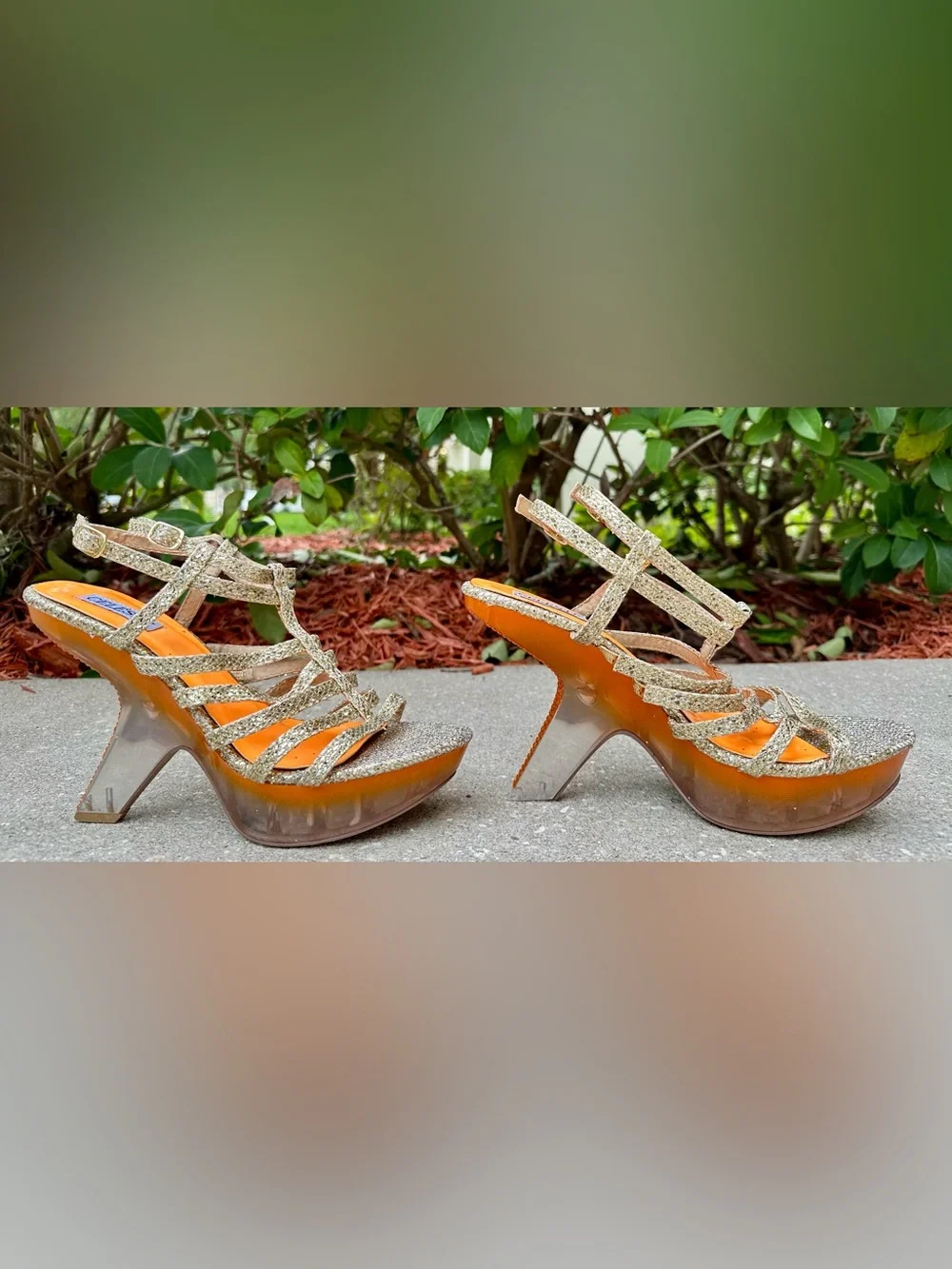 Vintage Celeste Gold Glitter Platform Heels Size 10 Clear Lucite Heel Y2K Party